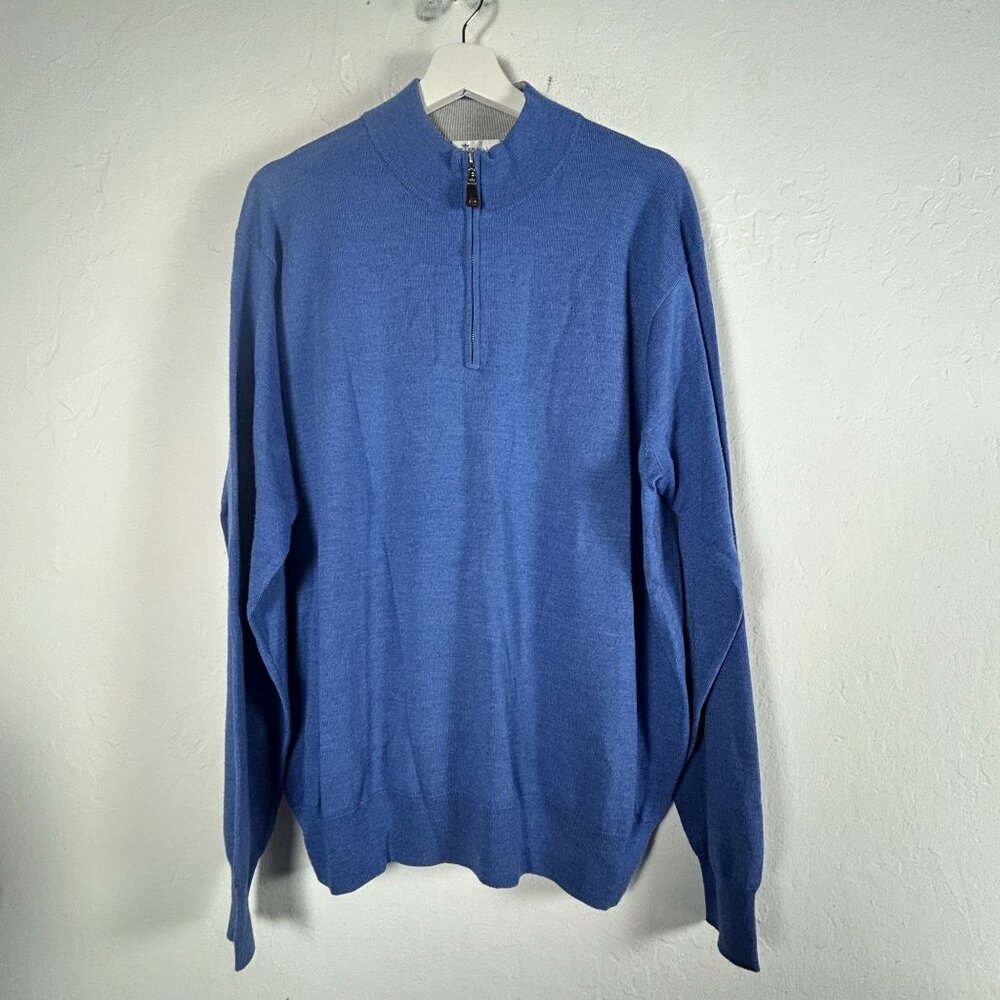 Peter Millar Mens Blue Quarter-Zip Sweater XL Merino Wool Silk Blend Pullover